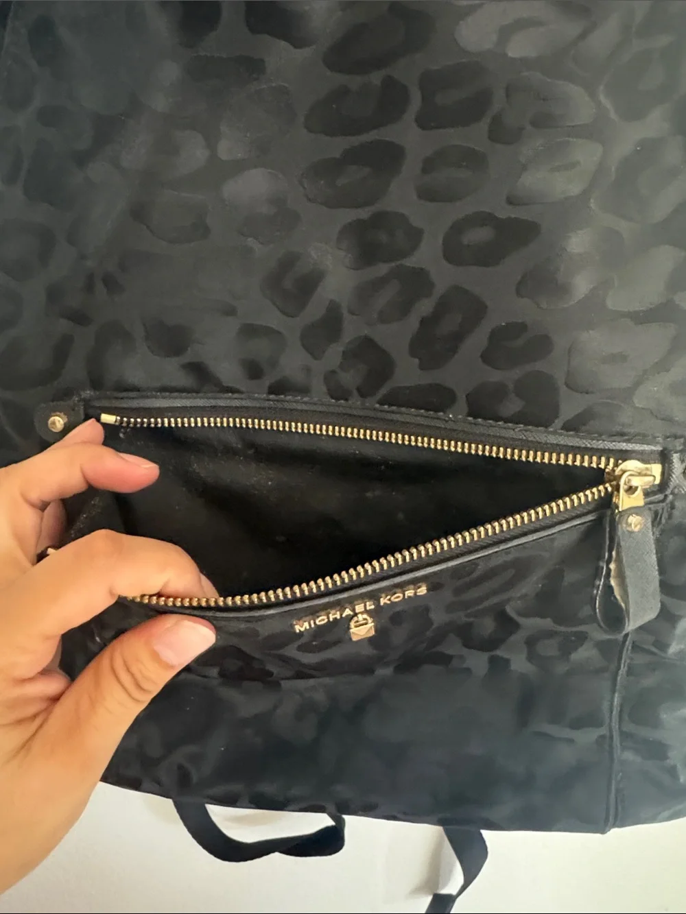 Michael Kors Black Leopard-Print Nylon Backpack with Gold Hardware